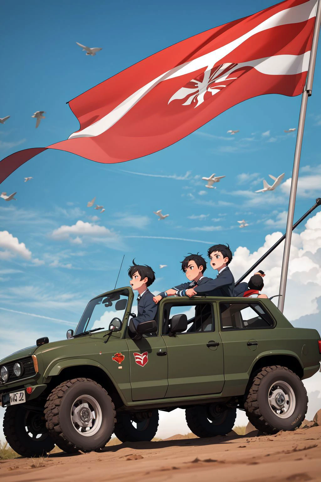 riding, multiple boys, weapon, ground vehicle, flag, gun, black hair, motor vehicle, polearm, 2boys