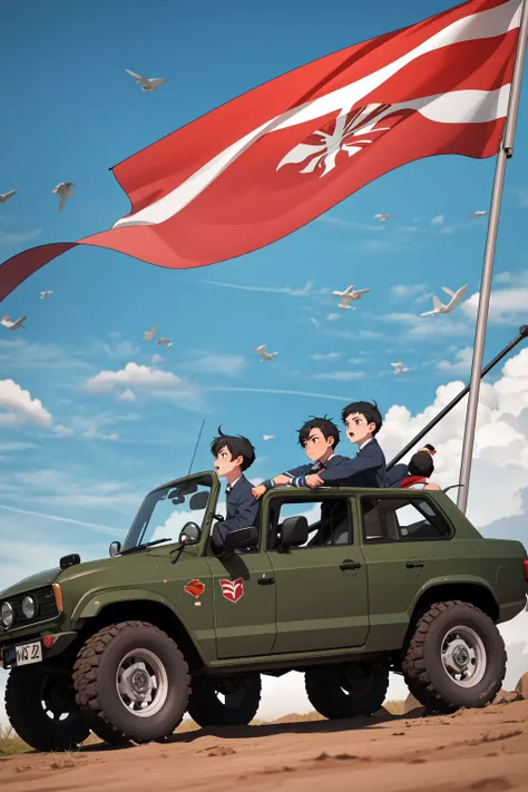 riding, multiple boys, weapon, ground vehicle, flag, gun, black hair, motor vehicle, polearm, 2boys