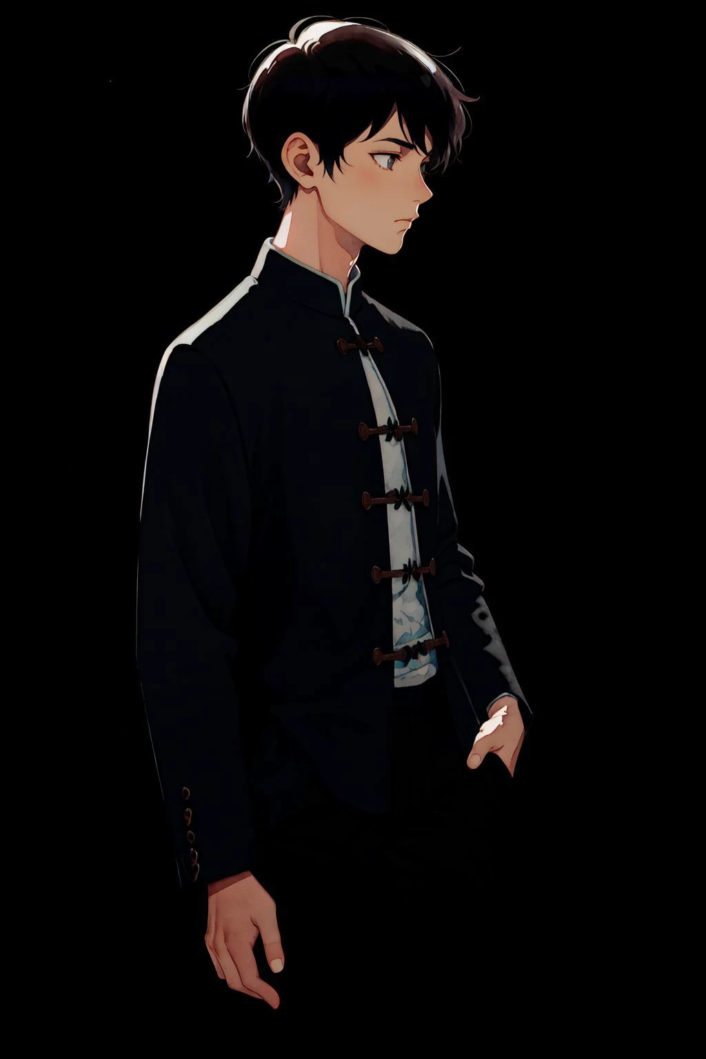 (ink wash painting:-0.7),(watercolor:1.2),
solo, black hair, 1boy, male focus, short hair, black pants, pants, hand in pocket, long sleeves, shirt, flower, chinese clothes, cowboy shot, black background, looking to the side, looking away, closed mouth, jacket