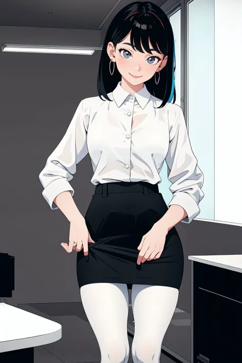 (flat color),colorful,(masterpiece:1,2),best quality,masterpiece,highres,original,extremely detailed wallpaper,looking at viewer,masterpiece,best quality,Office women,Work attire,Hip wrap skirt,White stockings,earring,smile,Shyness,estrus,Undressing,student,pants pull,