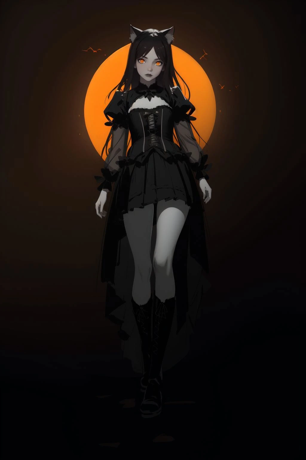 best quality, 1girl, hyper extreme detailed, absurdres, ultra high res, unity 8k wallpaper, (photoreal, realistic:1.2), (sketch, oil painting:1.4), (dynamic angle:1.3), sense of depth,
expressionless, age girl, cat ears, small chest, corset dress, pleats skirt, boots, stone brick ruins, Dark fantasy,
BREAK
(orange theme, dark theme:1.2), (Gothic theme:1.4), fantastical scenes, evocative narratives, striking visuals,
