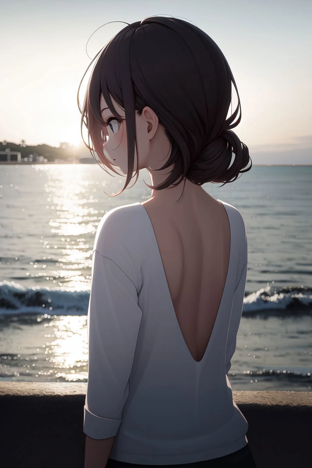 ong hair,highlighting,Seaside,Half an ocean half empty,dividing line,Back,backlighting,