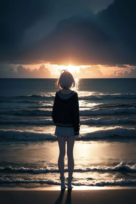 ong hair,highlighting,Seaside,Half an ocean half empty,dividing line,Back,backlighting,
