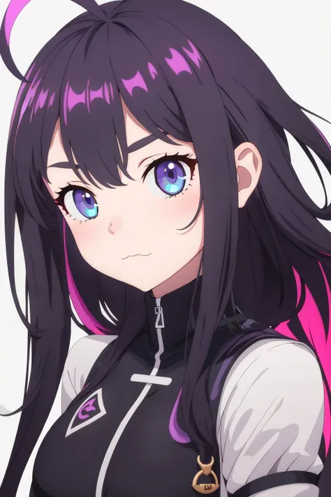 1girl, solo, ahoge, blue eyes, white background, :3, purple hair, looking at viewer, multicolored hair, virtual youtuber, simple background, long hair, bangs, closed mouth