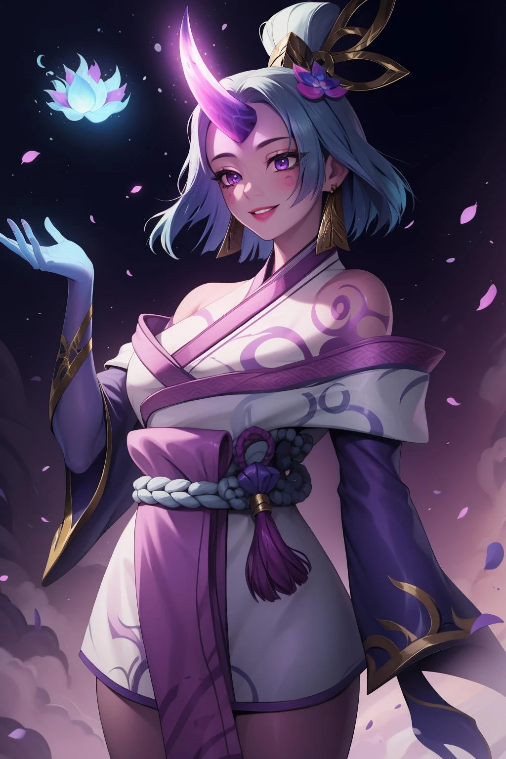 (masterpiece, best quality:1.2), intricate details, <lyco:GoodHands-beta2:1>, <lora:spirit_blossom_soraka-000015:1>, spirit blossom soraka, 1girl, purple skin, colored skin, single horn, kimono, hair ornament, bare shoulders, smile