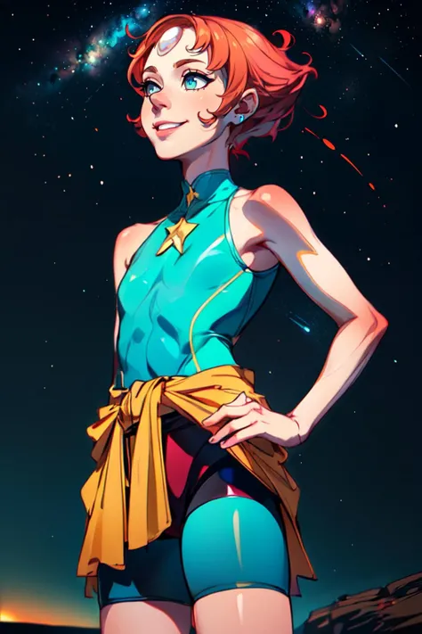a vibrant cinematic photo of outer space, Pearl, short hair, forehead jewel, standing, close up, smiling , solo, hands on hip, upper body
, Blue leotard with tiny gold star on front, small blue skirt, teal ribbon around waist, yellow bike shorts, pink socks, bare shoulders ,sleeveless, nighttime, beach, stars,
, nebula, alien world, intricate, elegant, highly detailed, ((((cinematic look)))), soothing tones, low contrast, soft cinematic light, exposure blend, hdr, faded, <lora:more_details:0.6>,
(insanely detailed,beautiful detailed face, masterpiece, best quality)
<lora:Pearl-10v3:0.7>