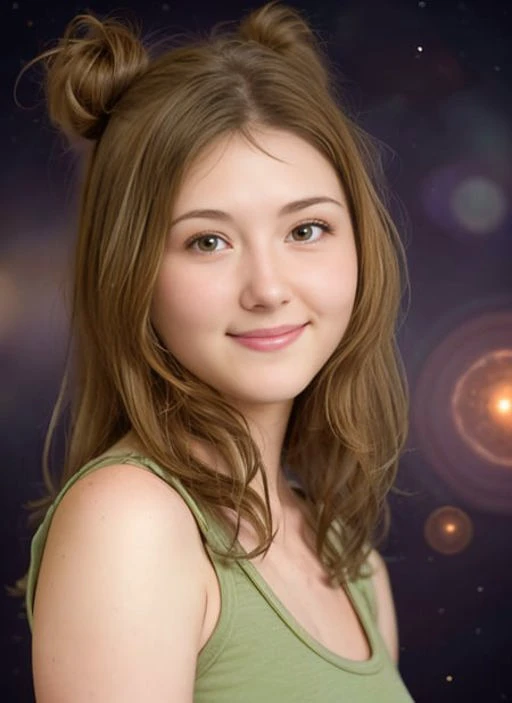 award winning upper body portrait of a cute 20yo woman as Kaylee from Firefly, smiling, (green dorty tanktop:1.5), pudgy face:0.5, with medium bronze hairstyle, beautiful face, floating embers, (small toned breasts:1.5), detailed hazel eyes, zero-gravity, fireflies, highly detailed, fine detail, intricate, space background, <lora:JewelStaite:0.8> selfie