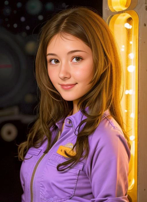 award winning portrait of a cute 20yo woman as Kaylee from Firefly, smiling, (green unzipped coveralls:1.5), pudgy face:0.5, with medium bronze hairstyle, beautiful face, floating embers, (small toned breasts:1.5), detailed hazel eyes, zero-gravity, fireflies, highly detailed, fine detail, intricate, space background, <lora:JewelStaite:0.8> selfie