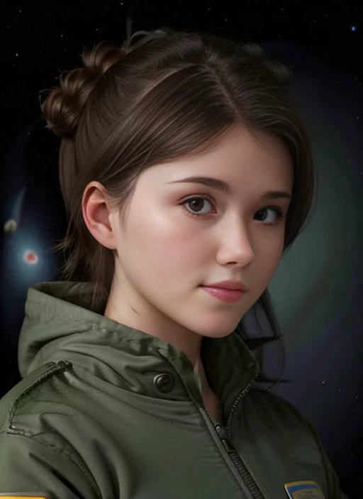 award winning photo of a 25 years old woman, (green unzipped coveralls:1.5), pudgy face, with medium dark hairstyle, beautiful face, floating embers, (small toned breasts:1.5), detailed hazel eyes, zero-gravity, fireflies, vaporware, cell shaded:1.0, (octane render:1), trending on artstation, highly detailed, fine detail, intricate, space background, <lora:JewelStaite:1.0>
