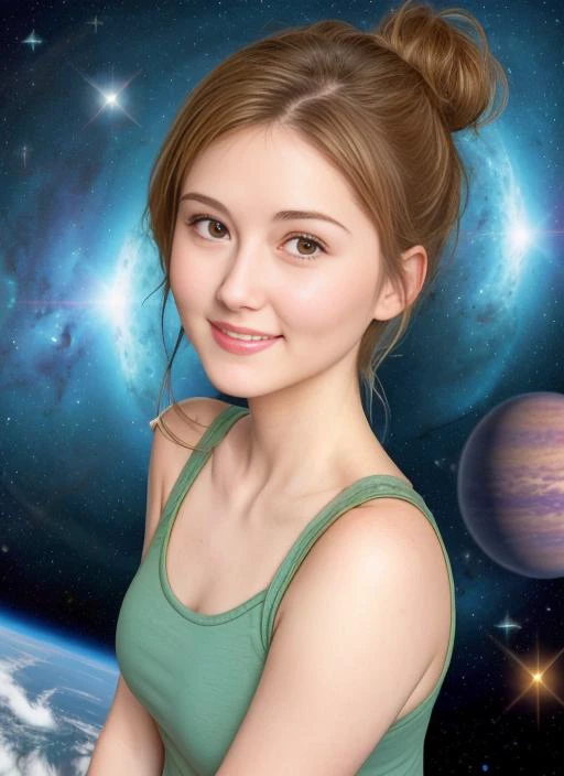 award winning upper body portrait of a cute 20yo woman, smiling, (green dorty tanktop:1.5), pudgy face:0.5, with medium bronze hairstyle, beautiful face, floating embers, (small toned breasts:1.5), detailed hazel eyes, zero-gravity, fireflies, highly detailed, fine detail, intricate, space background, <lora:JewelStaite:0.8> selfie
