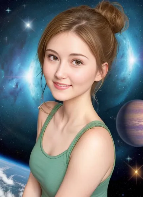 award winning upper body portrait of a cute 20yo woman, smiling,  (green dorty tanktop:1.5), pudgy face:0.5,  with medium bronze hairstyle, beautiful face, floating embers, (small toned breasts:1.5), detailed hazel eyes, zero-gravity, fireflies, highly detailed, fine detail, intricate, space background,  <lora:JewelStaite:0.8> selfie