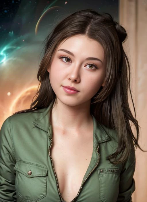 award winning photo of a 25 years old woman, (green unzipped coveralls:1.5), pudgy face, with medium dark hairstyle, beautiful face, floating embers, (small toned breasts:1.5), detailed hazel eyes, zero-gravity, fireflies, vaporware, cell shaded:1.0, (octane render:1), trending on artstation, highly detailed, fine detail, intricate, space background, <lora:JewelStaite:1.0>