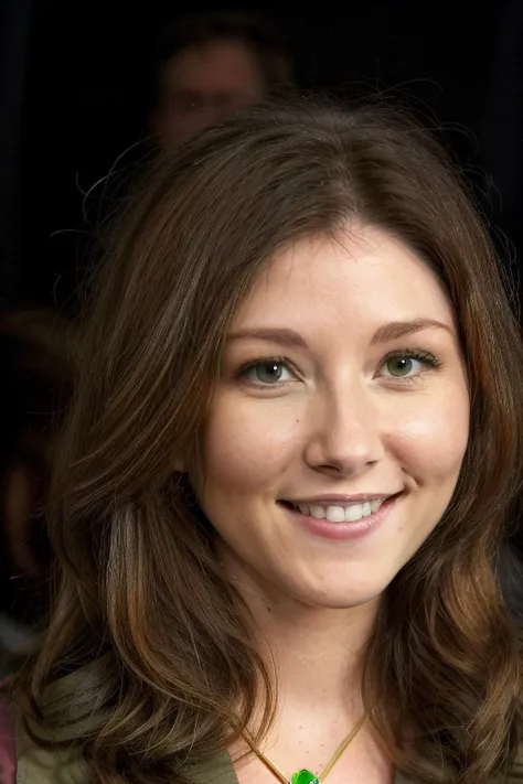 jewelstaite, face, highly detailed, realistic, black background, red shirt, green vest, wavy brown hair, big smile,
<lora:JewelStaite:0.7>