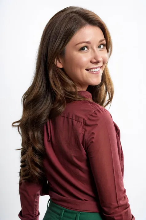 jewelstaite, highly detailed, realistic, black background, red shirt with long sleeves, green vest, wavy brown hair, big smile, from behind, looking over shoulder,
<lora:JewelStaite:0.7>