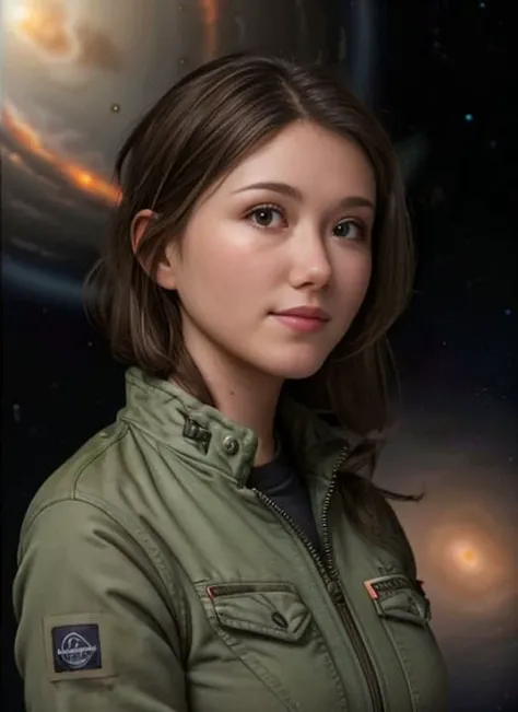 award winning photo of a 25 years old woman, (green unzipped coveralls:1.5), pudgy face, with medium dark hairstyle, beautiful face, floating embers, (small toned breasts:1.5), detailed hazel eyes, zero-gravity, fireflies, vaporware, cell shaded:1.0, (octane render:1), trending on artstation, highly detailed, fine detail, intricate, space background, <lora:JewelStaite:1.0>