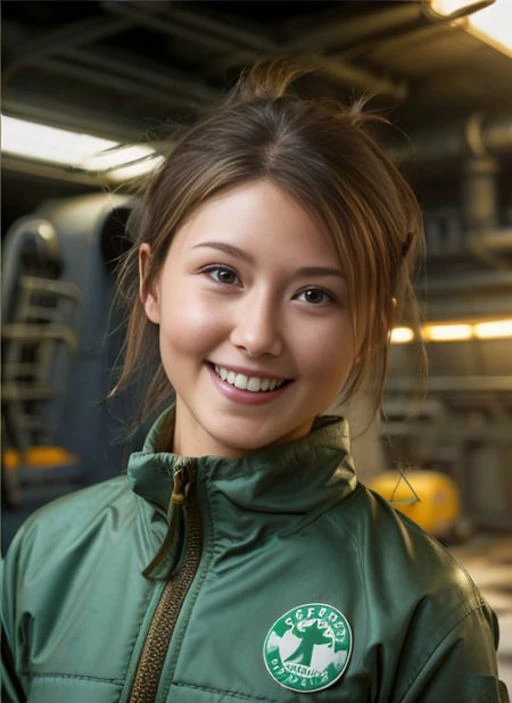 award winning photo of a 20 years old woman wearing dark green unzipped coveralls, toothy smile, medium bronze hairstyle, beautiful face, floating embers, (small toned breasts:1.5), detailed hazel eyes, zero-gravity, fireflies, vaporware, cell shaded:1.0, (octane render:1), trending on artstation, highly detailed, fine detail, intricate, dirty spaceship engine room background, <lora:JewelStaite:0.9>