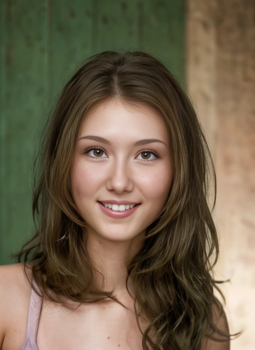 award winning realistic photo of a 20yo slender cute woman wearing  (half unzipped dirty green coveralls and tank top), toothy smile, short bronze hair with two buns hairstyle, (small toned breasts:1.5), detailed hazel eyes, highly detailed, fine detail, intricate, dirty spaceship engine room background,  oil stains on face, (eye contact:1.5),  <lora:JewelStaite:1.0>