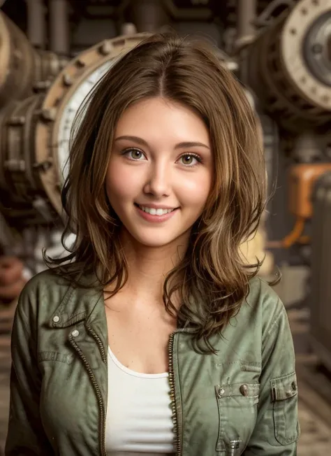 award winning photo of a 20 years old woman wearing  half unzipped dirty coveralls and tanktop, toothy smile, medium bronze hairstyle, beautiful face, floating embers, (small toned breasts:1.5), detailed hazel eyes, highly detailed, fine detail, intricate, dirty spaceship engine room background,  <lora:JewelStaite:0.9>