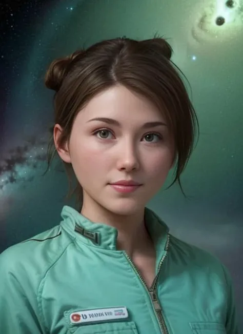 award winning photo of a 25 years old woman, (green unzipped coveralls:1.5), pudgy face, with medium dark hairstyle, beautiful face, floating embers, (small toned breasts:1.5), detailed hazel eyes, zero-gravity, fireflies, vaporware, cell shaded:1.0, (octane render:1), trending on artstation, highly detailed, fine detail, intricate, space background,  <lora:JewelStaite:1.0>