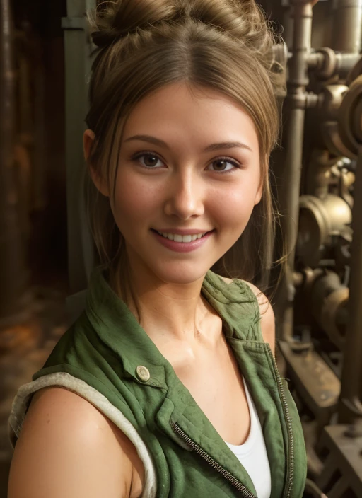 award winning photo of a 20yo woman wearing  half unzipped dirty green coveralls and tanktop, toothy smile, medium bronze bun hairstyle, (small toned breasts:1.5), detailed hazel eyes, highly detailed, fine detail, intricate, dirty spaceship engine room background,  oil stains, <lora:JewelStaite:1.0>