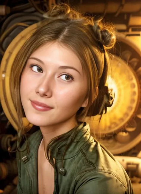 award winning realistic photo of a 20yo slender cute woman as a dirty mechanic wearing a (half unzipped dirty green coveralls and tank top), sitting next to a rusty starship engine in a junkyard, Arms crossed, golden hour, toothy gummy smile, sandy blonde two buns hairstyle, (small toned breasts:1.5), detailed hazel eyes, highly detailed, fine detail, intricate, dirty spaceship engine room background,  oil stains on face, (eye contact:1.5),  <lora:JewelStaite:1.0>