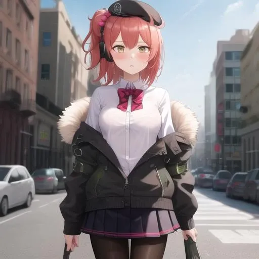 (masterpiece, best quality:1.2),illustration,8k,hd,city,1girl,solo,cowboy shot,mp7 (girls frontline),medium breasts,ahoge,beret,blush,hat,medium hair,off shoulder,side ponytail,yellow eyes,jacket,red hair,fur trim,boots,pink hair,pleated skirt,headphones,bow,white shirt,black pantyhose,bowtie,long sleeves,collared shirt,black skirt,bangs,black headwear,<lora:Mp7(gf)>,