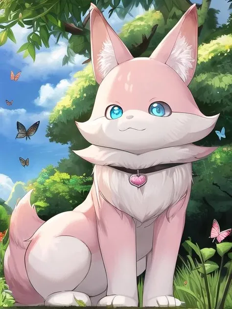 best quality, masterpiece, highres, detailed, <lora:Detail - add_detail:0.2>, Joshu-kun, coyote, pink fur, blue eyes, outdoors, butterfly, <lora:Joshu-kun-07:1>