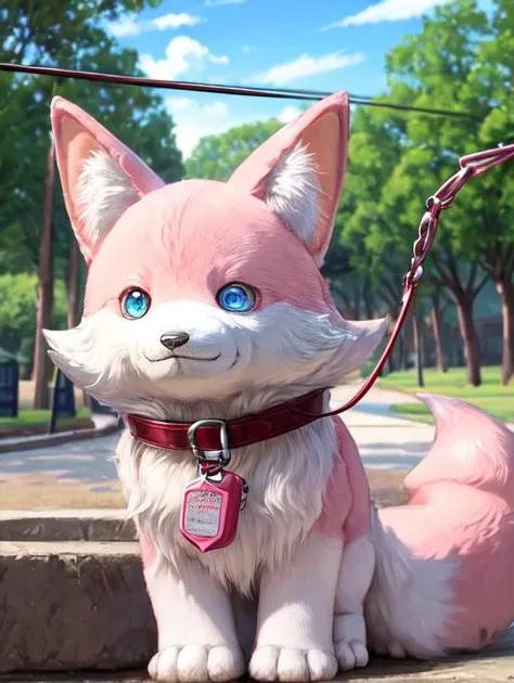 best quality, masterpiece, highres, detailed, <lora:Detail - add_detail:0.2>, Joshu-kun, coyote, pink fur, blue eyes, outdoors, park, leash, <lora:Joshu-kun-07:0.9>, no human,