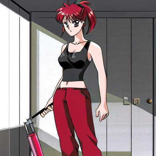 retro artstyle,NatashaMRB,1girl,standing,facing viewer,tank top,pants,red pants,solo, <lora:NatashaMRB-11:0.7>,holding weapon,industrial pipe,bedroom, <lora:pc98GalgameElfRetroSemi_v10:1>