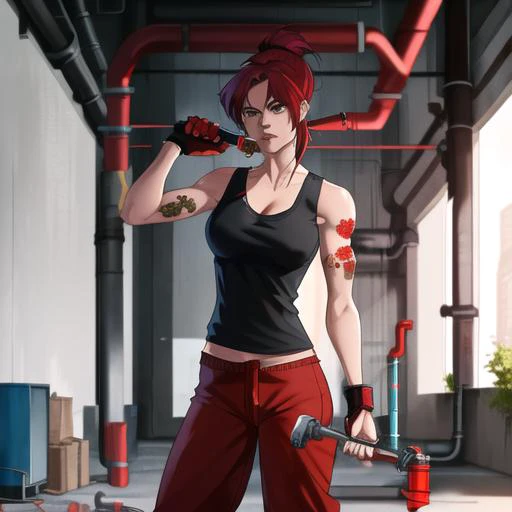 style of streets of rage,NatashaMRB,1girl,standing,facing viewer,tank top,pants,red pants,solo, <lora:NatashaMRB-11:0.7>,holding weapon,(((industrial pipe))),bedroom