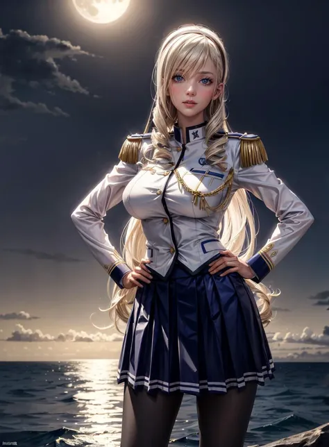 masterpiece, best quality, ultra-detailed, illustration,(1girl),beautiful detailed eyes, solo, beautiful scenery, upper body, beautiful scenery, fantastic scenery,
<lyco:walkureromanze_aintree-12:1.0>, aintree, (slight smile:0.9), hairband, uniform, epaulettes, pleated skirt, pantyhose, 
disgust,
tranquil beach at night with a clear, star-filled sky, a full moon, radiant glow, ocean surface, fireworks illuminating the surroundings, creating a breathtaking reflection on the water, 
candid modelshoot style, (fcHeatPortrait:0.8), standing[::2], hand on hips,
<lora:GoodHands-vanilla:0.5>,