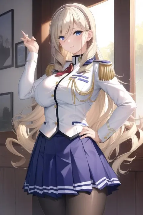 (masterpiece, best quality:1.2), <lora:walkureromanze_aintree:1>, cowboy shot, solo, 1girl, aintree, (slight smile:0.9), looking at viewer, hand on hip, hairband, uniform, epaulettes, pleated skirt, pantyhose