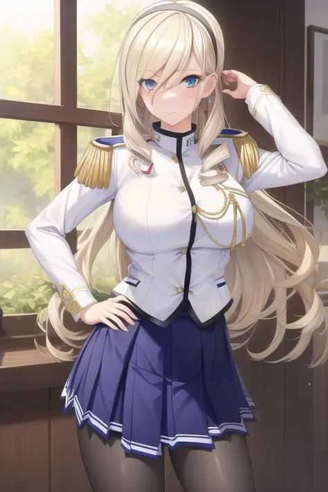 (masterpiece, best quality:1.2), <lora:walkureromanze_aintree:1>, cowboy shot, solo, 1girl, aintree, (slight smile:0.9), looking at viewer, hand on hip, hairband, uniform, epaulettes, pleated skirt, pantyhose