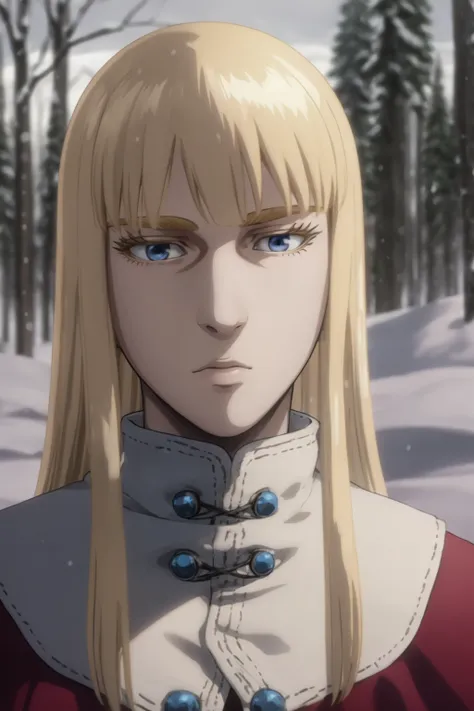 masterpiece, best quality, 1boy, canute, blonde hair, long hair, blue eyes, closeup, solo, trees, snow, nothern boreal forest background <lora:Canute:1>
