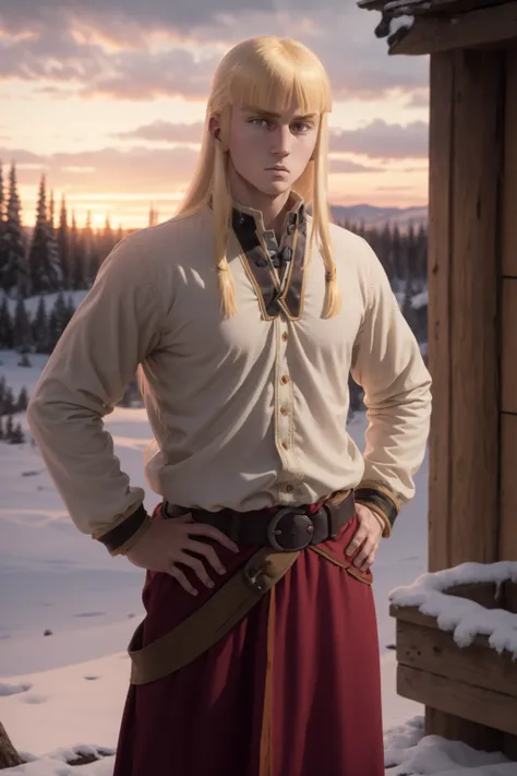 masterpiece, best quality, 1boy, canute, blonde hair,  long hair,  blue eyes, bangs, belt, blonde hair, blunt bangs, brown footwear, long sleeves, hands on hips, male focus, pants,solo, upper body, sunset, northern forest <lora:Canute:1>