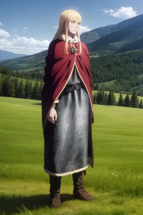 masterpiece, best quality, 1boy, canute, blonde hair, long hair, blue eyes, armor, belt, boots, cape, chainmail, full body, fur trim, sheath, solo, androgynous, standing, contrapposto, meadow background <lora:Canute:1>
