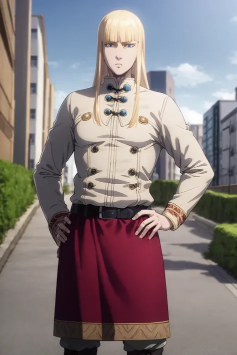 masterpiece, best quality, 1boy, canute, blonde hair, long hair, blue eyes, bangs, belt, blonde hair, blunt bangs, brown footwear, long sleeves, hands on hips, male focus, pants,solo, upper body, buildings, street, tokyo street background <lora:Canute:1>