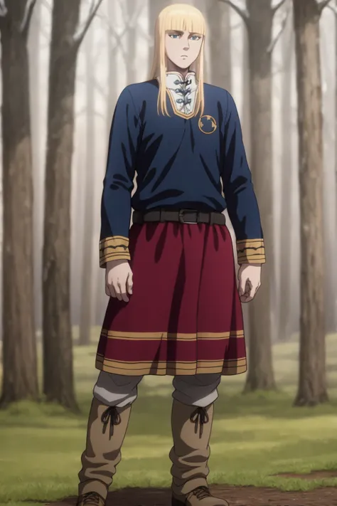 masterpiece, best quality, 1boy, canute, blonde hair, long hair, blue eyes, bangs, belt, blonde hair, blunt bangs, brown footwear, long sleeves, male focus, pants,solo, standing, contrapposto, trees, forest background <lora:Canute:1>