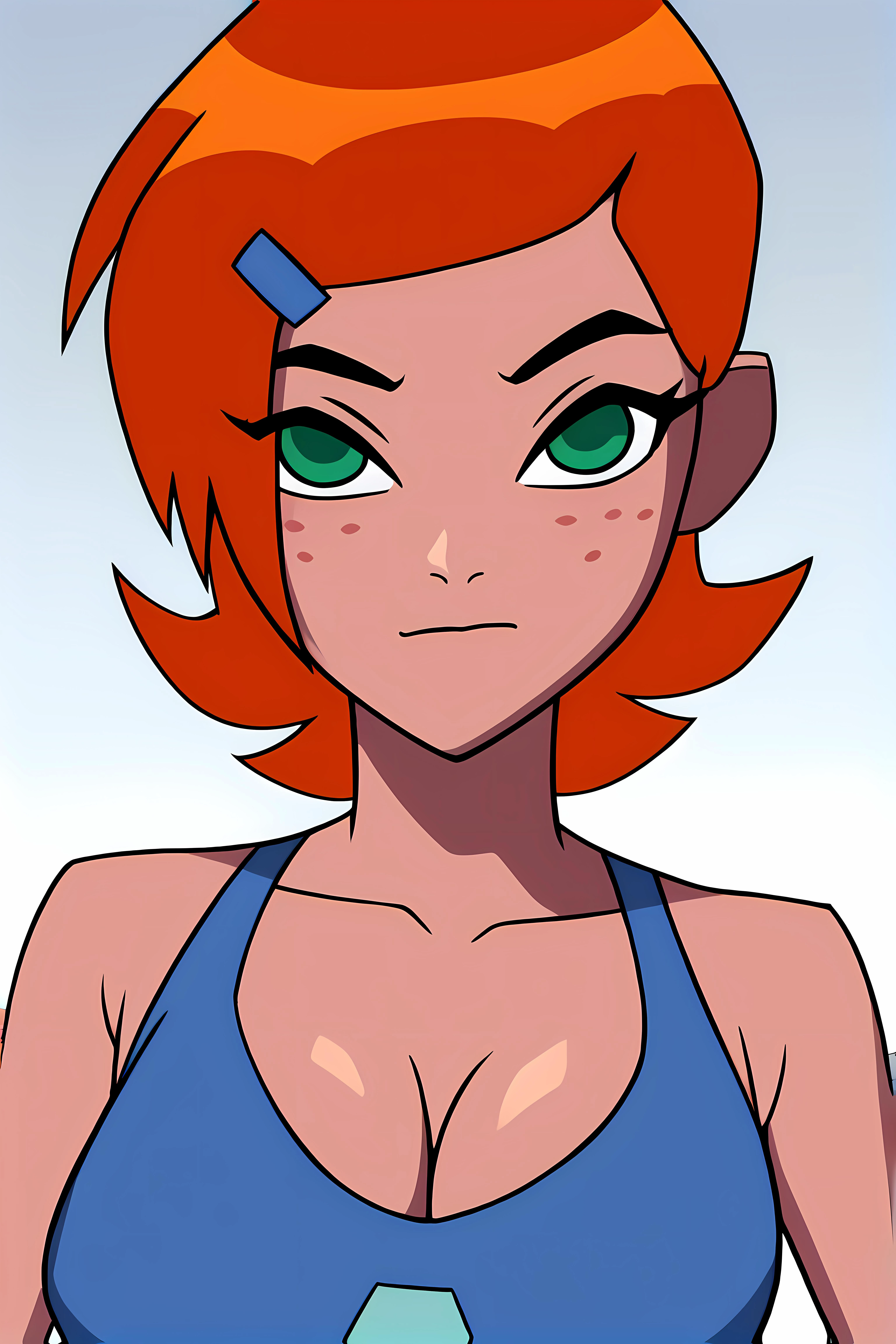 Simple White Background,
white shirt,collarbone, cleavage, bare shoulders,
<lora:ovgwen-08:0.9> ovgwen, armbands,
green eyes, orange hair,bangs,short_hair,hairband, (freckles:1.2), Fr3ckles,
<lora:Oda_Non_Style-KK77-V2:0.3>,<lora:more_details:0.1>,
1 girl, 20yo,Young female,Beautiful Finger,Beautiful long legs,Beautiful body,
Beautiful Nose,Beautiful character design, perfect eyes, perfect face,expressive eyes,perfect balance,
looking at viewer,(Focus on her face),closed mouth, (innocent_big_eyes:1.0),(Light_Smile:0.3),
official art,extremely detailed CG unity 8k wallpaper, perfect lighting,Colorful, Bright_Front_face_Lighting,White skin,
(masterpiece:1.0),(best_quality:1.0), ultra high res,4K,ultra-detailed,
photography, 8K, HDR, highres, absurdres:1.2, Kodak portra 400, film grain, blurry background, bokeh:1.2, lens flare, (vibrant_color:1.2),professional photograph,
(Beautiful,large_Breasts:1.4), (beautiful_face:1.5),(narrow_waist), frecklesv1