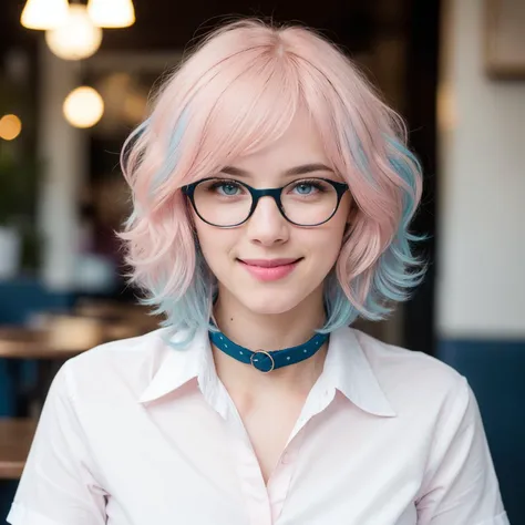 (((light pastel pink hair))), (8K, RAW photo, best quality, masterpiece:1.2), (realistic, photo-realistic:1.4), ultra-detailed, a pretty girl, sitting in a cozy cafe, enjoying a cup of coffee, happy expression, softly blurred background for depth of field effect, close-up portrait shot, solo shot, looking directly into the camera, headshot, (smile:1.1),(open mouth), medium breasts, beautiful detailed eyes, (long hair:1.2),(blue_eyes:1.2), (masterpiece:1.4), (best quality),(white shirt with blue collar with breats out:1.4),unbuttoning two buttons on the shirt,oval face, highly detailed hair, highly detailed face, highly detailed skin,thin frame glasses