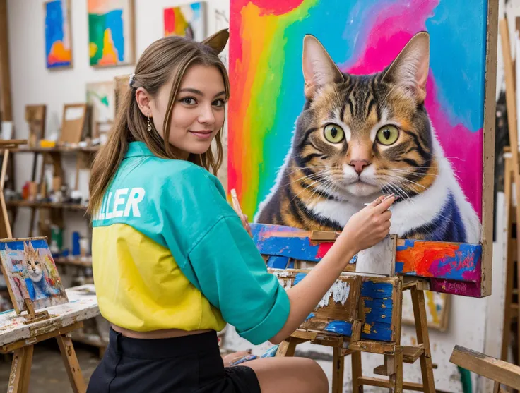 in a colorful decorated painting workshop, real cat is drawing a picture on a canvas as a painter, wearing iconic painter clothes, ultra realistic photo, ultra detailed photo, epic lighting,