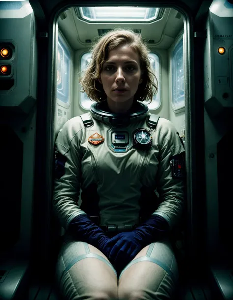 cinematic photo of a woman sitting in an airlock in a high tech space suit, sweaty , still from a wes anderson film, retro futuristic, close up, dirty, high detail, exhausted, grunge, close, (8K, RAW photo, best quality, masterpiece:1.2), (realistic, photo-realistic:1.4), ultra-detailed, (grainy:0.4) <lora:add_detail:1>