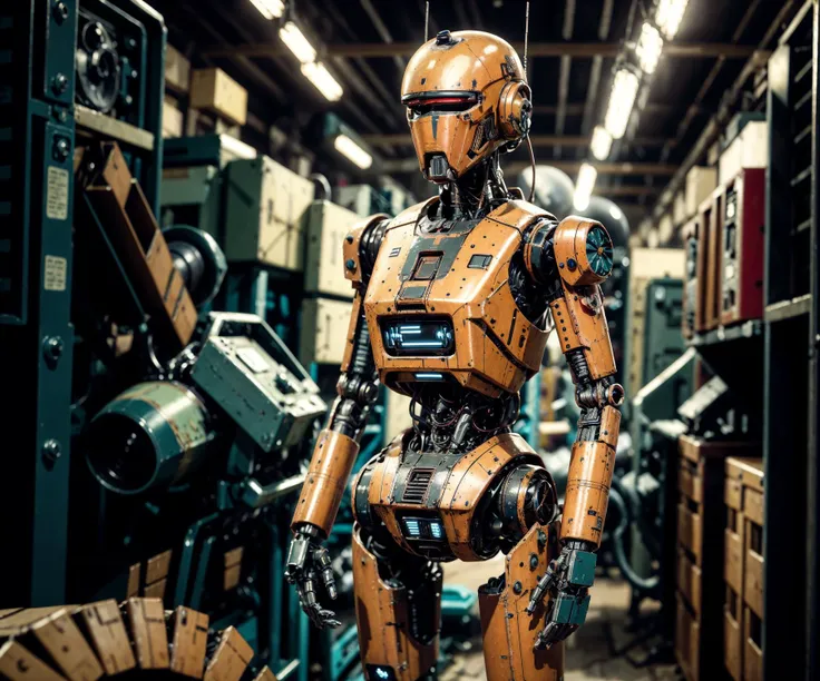 photo of a robot, A (droid) amidst a symphony of whirring mechanisms, meticulously assembling circuitry with precision, within a futuristic factory's core. (selective focus:1.4) (vintage:1.6) <lora:Droid V2:0.65>