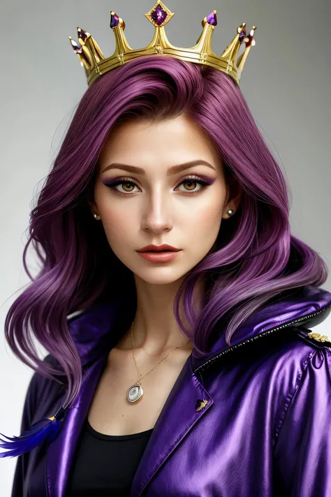 close range of photo of <lora:sd15_KaterinaSoria_locon_24_v1:.9> KaterinaSoria , focus on face, wearing a feather jacket , her heliotrope color hair is styled as volume at the crown,