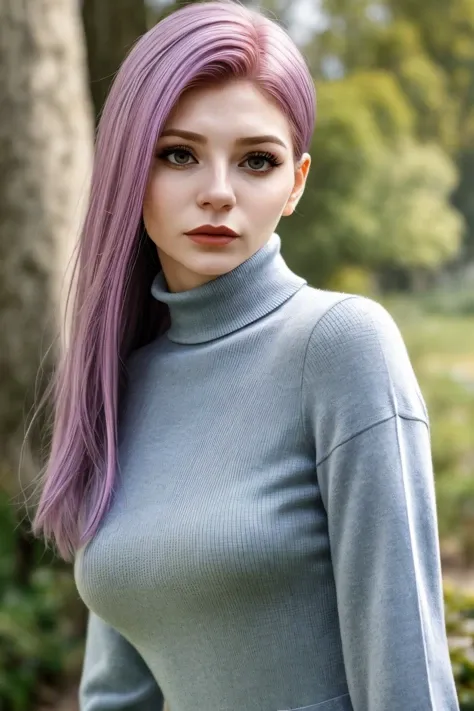 romantic style, dramatic, emotional, nature, highly detailed, half-body of photo of <lora:sd15_KaterinaSoria_locon_24_v1:.9> KaterinaSoria , focus on face, wearing a turtleneck , her pale orchid color hair is styled as Straight Blunt Cut,