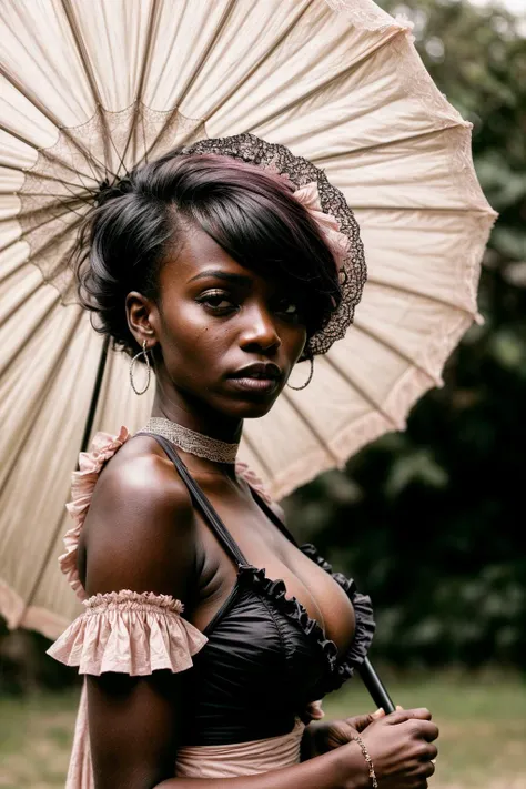 Medium DSLR photo of a young close up nude body portrait of a young (black African girl:1.2) age of 19 model (with long Pastel pink Asymmetrical Cut Haircut:1.2)  (wearing Gothic-victorian Style with Ruffled Dresses and Lace Parasols:1.2), reluctantly exposing her naked little tits, (smug), (Hands on her head:1.1), high contrast aesthetic, (detailed face features, detailed skin features), (wearing fur), on a dry field, full-body,  deep contrast:1.2, rembrandt lighting,  (8K, RAW photo, best quality, masterpiece:1.2), (realistic, photo-realistic:1.4), ultra-detailed (grainy:0.2) <lora:add_detail:1>