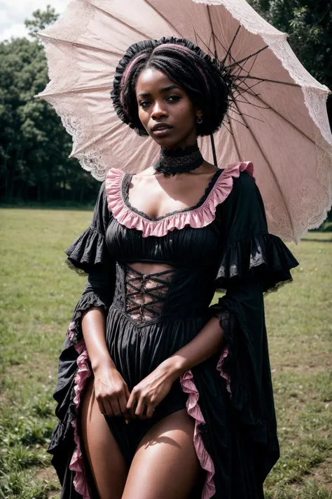 Medium DSLR photo of a young (black African girl:1.2) age of 19 model (with long Pastel pink Asymmetrical Cut Haircut:1.2) (wearing Gothic-victorian Style with Ruffled Dresses and Lace Parasols:1.2), (smug), high contrast aesthetic, (detailed face features, detailed skin features), (wearing fur), on a dry field, full-body, deep contrast:1.2, rembrandt lighting, (8K, RAW photo, best quality, masterpiece:1.2), (realistic, photo-realistic:1.4), ultra-detailed (grainy:0.2) <lora:add_detail:1>