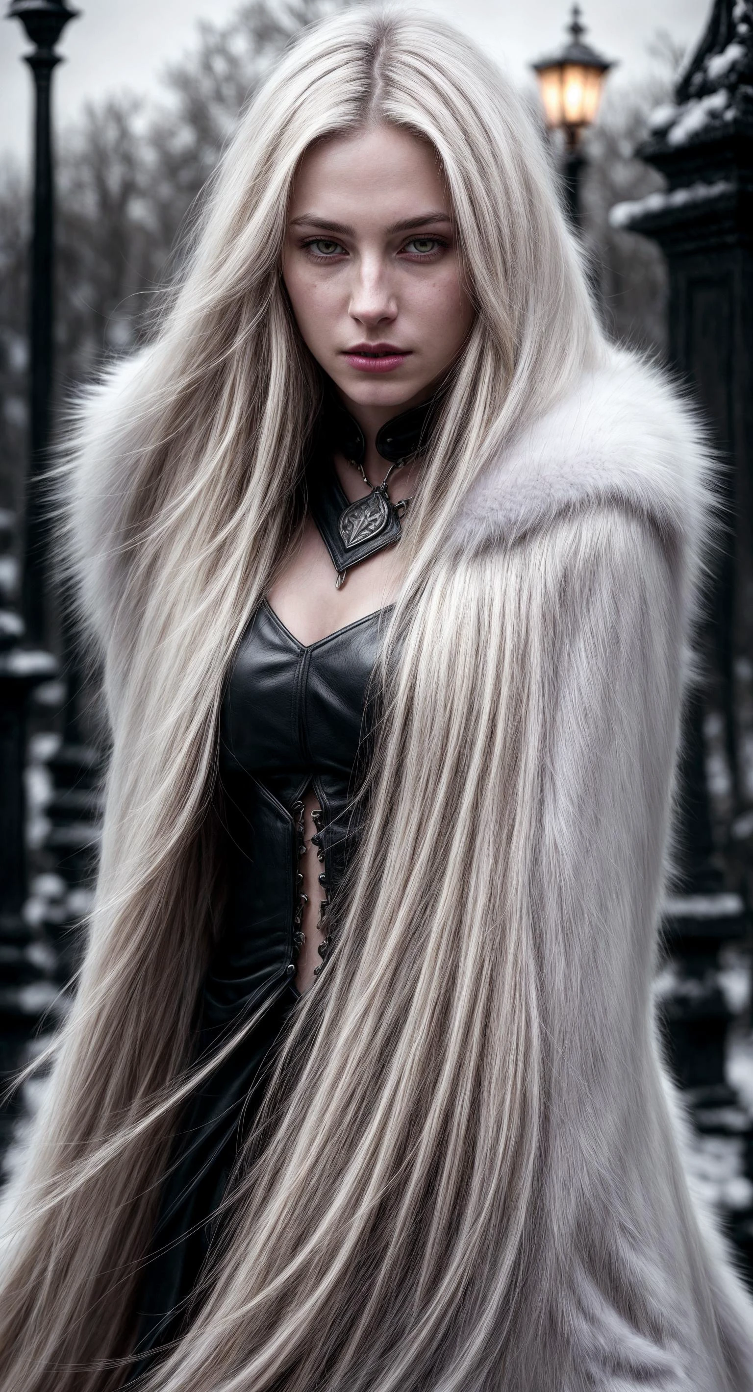 Medium format DSLR photo of a necromancer from fantasy age, age of 24, (white long hair), (pale skin color)(wolf fur, cloak flows from her shoulder), (wolf fur leather armour), (detailed face features), (dark colored lips), full-body, in the cemetery, street lamps, rim lighting, in night time (8K, RAW photo, best quality, masterpiece:1.2), (realistic, photo-realistic:1.4), ultra-detailed (grainy:0.2) <lora:add_detail:1> <lora:epi_noiseoffset2:1>