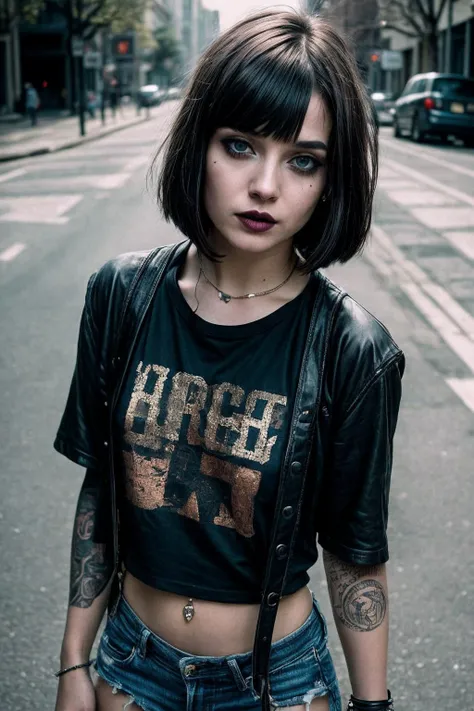 Analogue photo of a young punk woman age of 21, ((bob haircut)), loose torn t-shirt, (goth makeup),(detailed face features), fun person, (wearing loose clothes), in the street, full-body,  hard lighting, from above (8K, RAW photo, best quality, masterpiece:1.2), (realistic, photo-realistic:1.4), ultra-detailed (grainy:0.2) <lora:add_detail:1>
