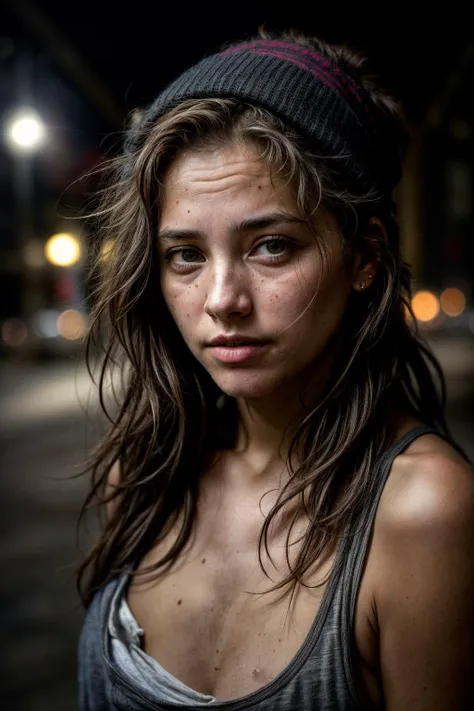 Medium format DSLR photo of a homeless girl, age of 34, (detailed face features), full-body, (messy hair), (dirty body), on the street under the bridge, rembrandt lighting,   (8K, RAW photo, best quality, masterpiece:1.2), (realistic, photo-realistic:1.4), ultra-detailed (grainy:0.2) <lora:add_detail:1>   <lora:epi_noiseoffset2:1>